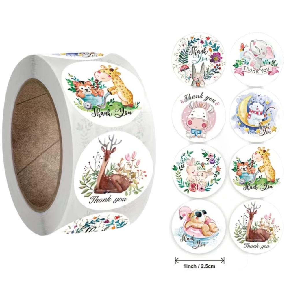 500 Roll Thank You Animal Stickers 1 inch Round